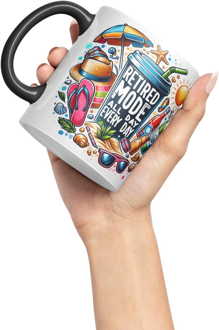 Ceramic Mug “Retired Mode All Day Every Day” with Vacation Theme Coloured Mug Cup 330ml (Black)