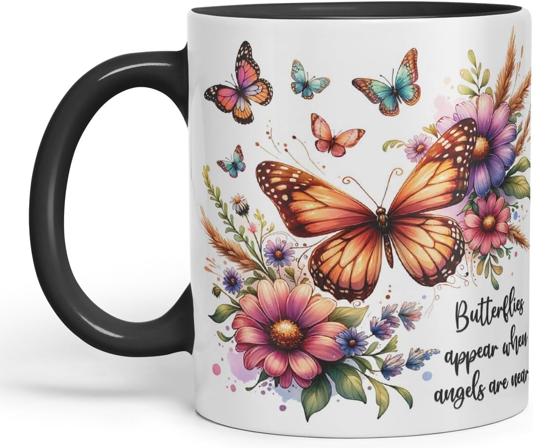Vixar Butterflies Appear When Angels are Near Coloured Mug Cup Butterfly Floral Memorial Gift 11oz (Black)