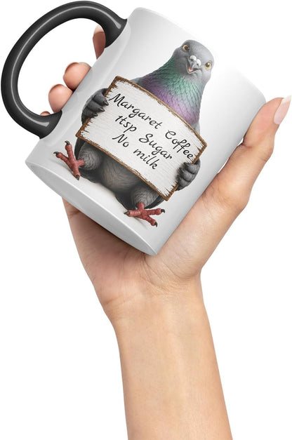 Vixar Personalised Pigeon Mug with Name or Custom Message – Cute Animal Coloured Ceramic Mug Cup Gift, 11oz (Black)