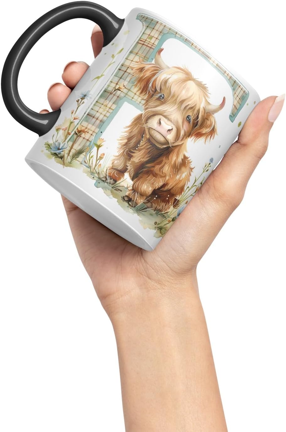 Vixar Highland Cow Alphabet Monogram Coloured Ceramic Cup Mug – Letter F – Rustic Farmhouse Animal Letter Gift – 11oz (Black)