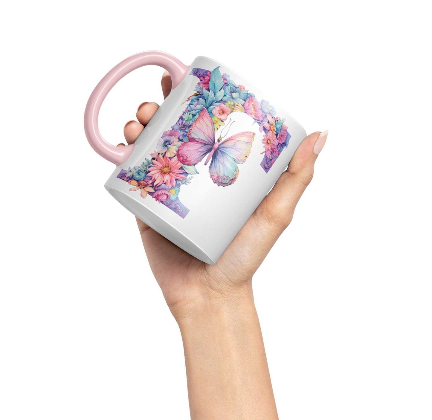 Letter F mug, Floral flowers butterfly Alphabet Letter F Monogram watercolour Ceramic Coloured Mug Cup for Tea Coffee Hot brew 330ml 11Oz Gift