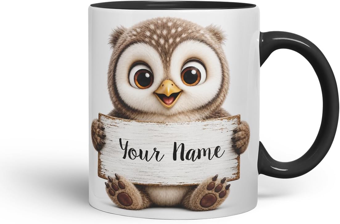 Vixar Personalised Owl Mug with Name or Custom Message – Cute Animal Coloured Ceramic Mug Cup Gift, 11oz (Black)