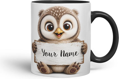 Vixar Personalised Owl Mug with Name or Custom Message – Cute Animal Coloured Ceramic Mug Cup Gift, 11oz (Black)