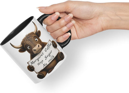 Vixar Personalised Bull Mug with Name or Custom Message – Cute Animal Coloured Ceramic Mug Cup Gift, 11oz (Black)