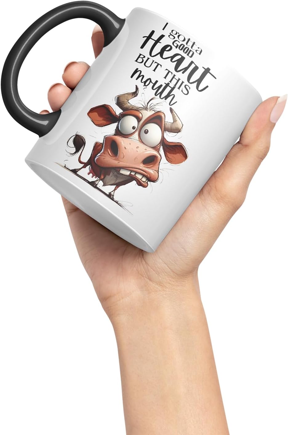 Vixar I Gotta Good Heart But This Mouth Funny Cow – Coloured Ceramic Mug Cup Gift, 11oz (Black)