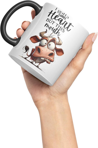 Vixar I Gotta Good Heart But This Mouth Funny Cow – Coloured Ceramic Mug Cup Gift, 11oz (Black)