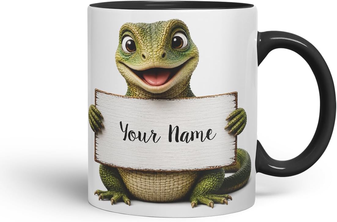 Vixar Personalised Lizard Mug with Name or Custom Message – Cute Animal Coloured Ceramic Mug Cup Gift, 11oz (Black)