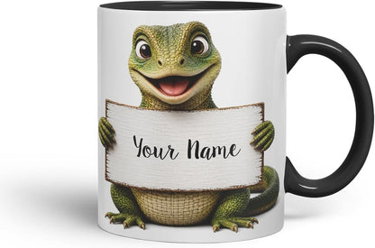 Vixar Personalised Lizard Mug with Name or Custom Message – Cute Animal Coloured Ceramic Mug Cup Gift, 11oz (Black)