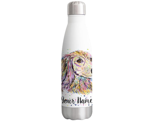 Dachshund Long Hair Personalised Custom Bottle with Your Text/Name Sausage Dog Wiener pet Watercolour Animals Bottle Double Wall Insulated Stainless Steel Sport Drinks 500ml