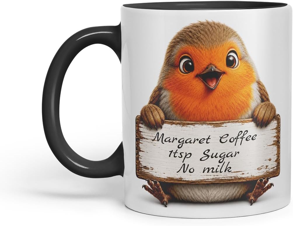 Vixar Personalised Robin Mug with Name or Custom Message – Cute Animal Coloured Ceramic Mug Cup Gift, 11oz (Black)