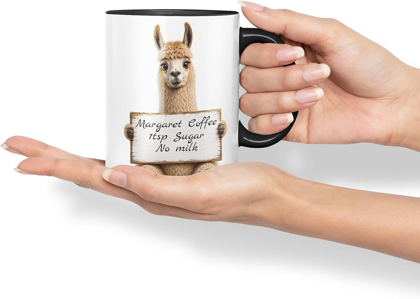 Vixar Personalised Llama Mug with Name or Custom Message – Cute Animal Coloured Ceramic Mug Cup Gift, 11oz (Black)