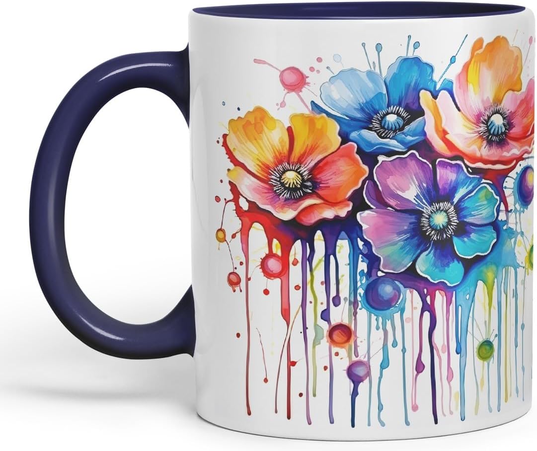 Vixar Anemone Watercolour Floral Mug Coloured Ceramic Mug Cup Gift, 11oz (Navy)