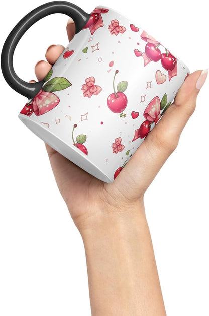 Vixar Cherry Bow Pattern Mug – Coloured Ceramic Mug Cup Gift, 11oz (Black)