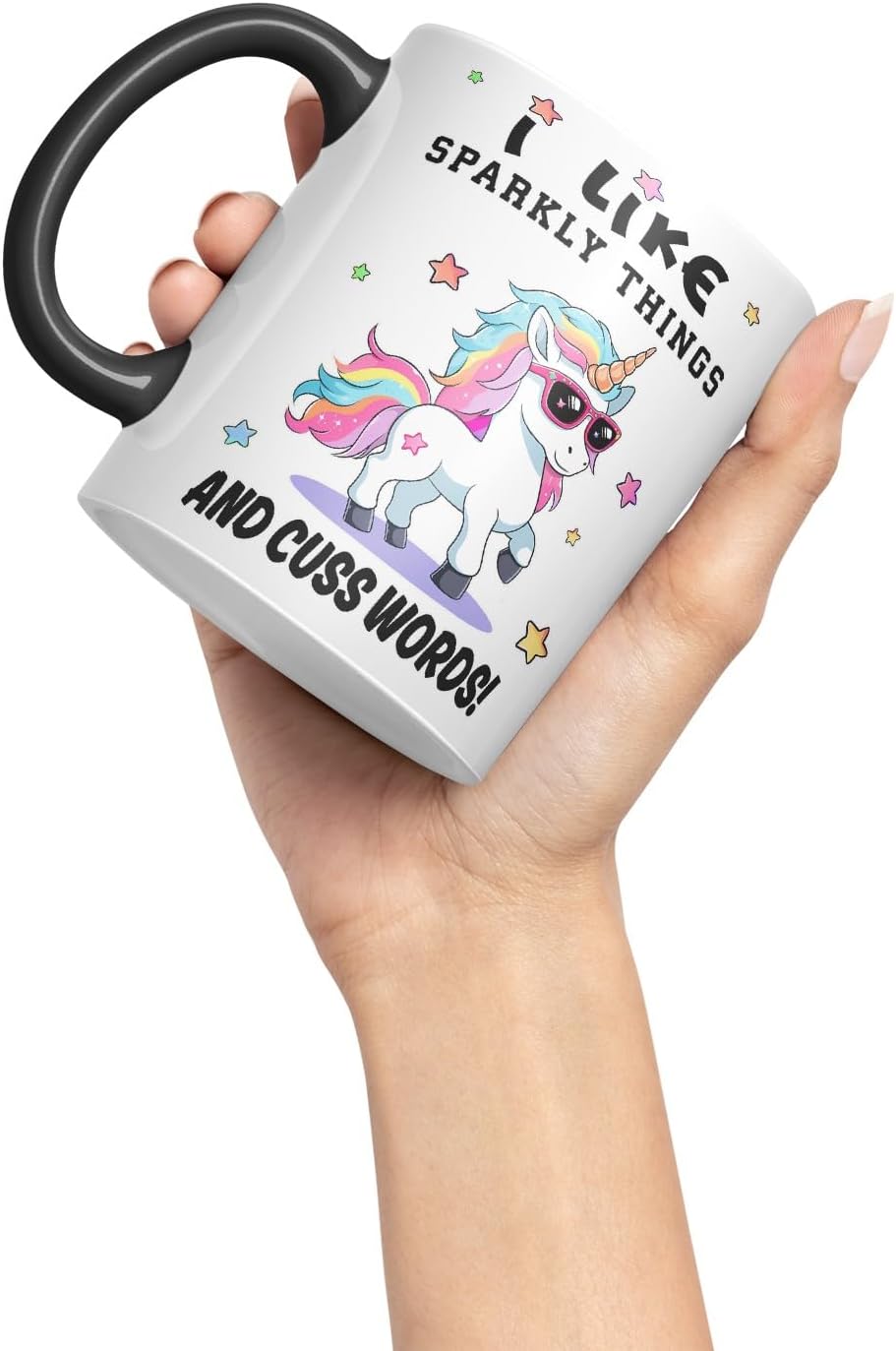 Vixar I Like Sparkly Things and Coffee – Funny Unicorn Coloured Mug Cup 11oz (Black)