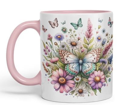 Vixar Butterflies and Wildflowers Coloured Mug Cup Floral Garden Nature Gift 11oz (Black)