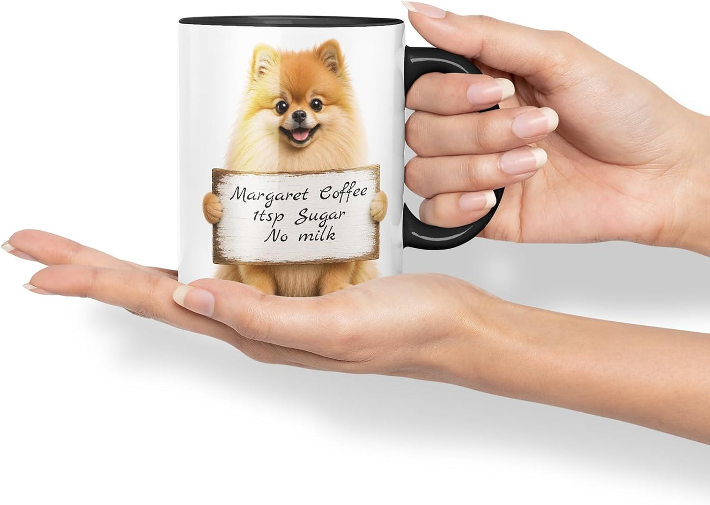 Vixar Personalised Pomeranian Mug with Name or Custom Message – Cute Animal Coloured Ceramic Mug Cup Gift, 11oz (Black)