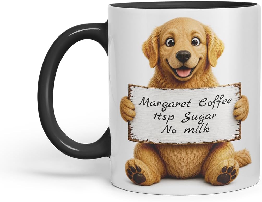Vixar Personalised Golden Retriever Dog Pet Mug with Name or Custom Message – Cute Animal Coloured Ceramic Mug Cup Gift, 11oz (Black)