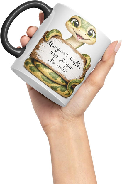 Vixar Personalised Snake Mug with Name or Custom Message – Cute Animal Coloured Ceramic Mug Cup Gift, 11oz (Black)