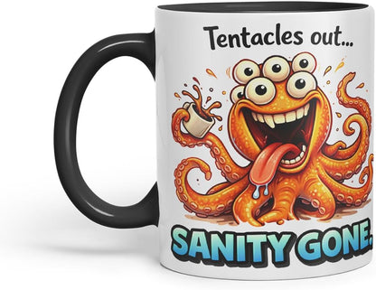 Vixar Tentacles Out Sanity Gone Octopus Coloured Ceramic Mug Cup Gift, 11oz (Black)