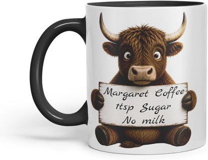 Vixar Personalised Bull Mug with Name or Custom Message – Cute Animal Coloured Ceramic Mug Cup Gift, 11oz (Black)