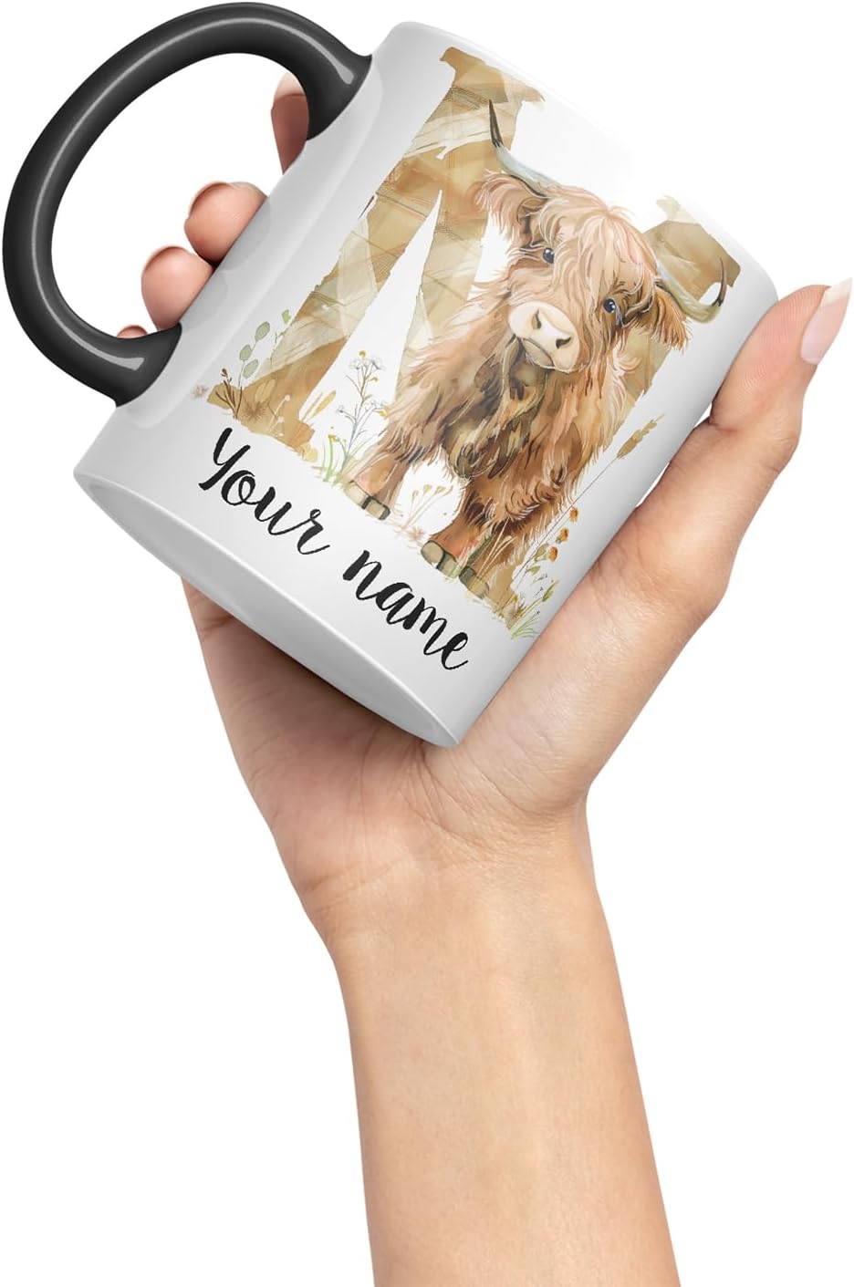 Vixar Personalised Highland Cow Initial Letter M Custom Name Mug – Coloured Ceramic Mug Cup Gift, 11oz (Black)