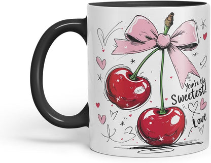 Sweetest Cherry Love Mug – Coloured Ceramic Mug Cup Gift, 11oz (Black)