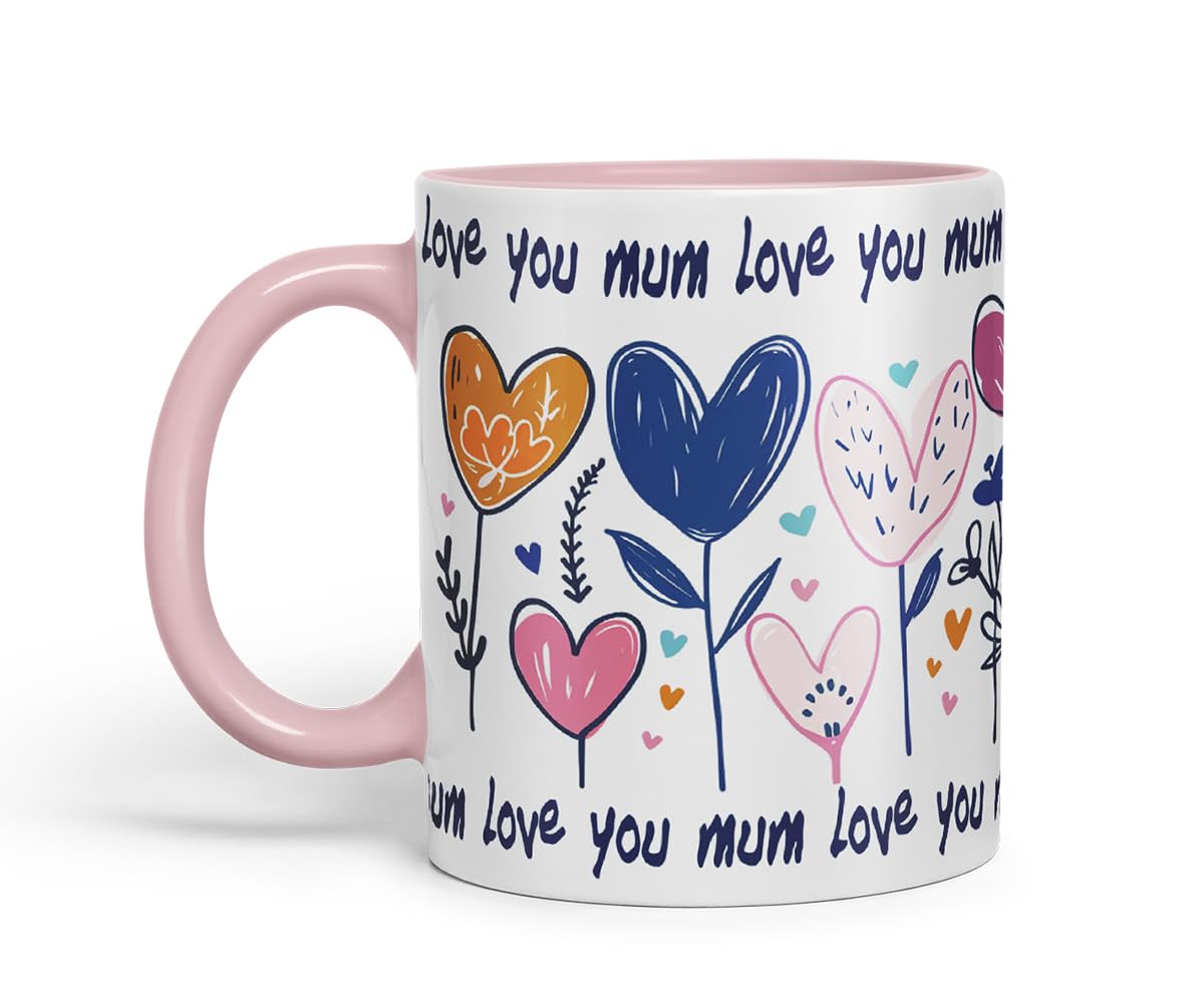 Vixar Love You Mum Floral Hearts Mug – Coloured Ceramic Mug Cup Gift, 11oz (Black)
