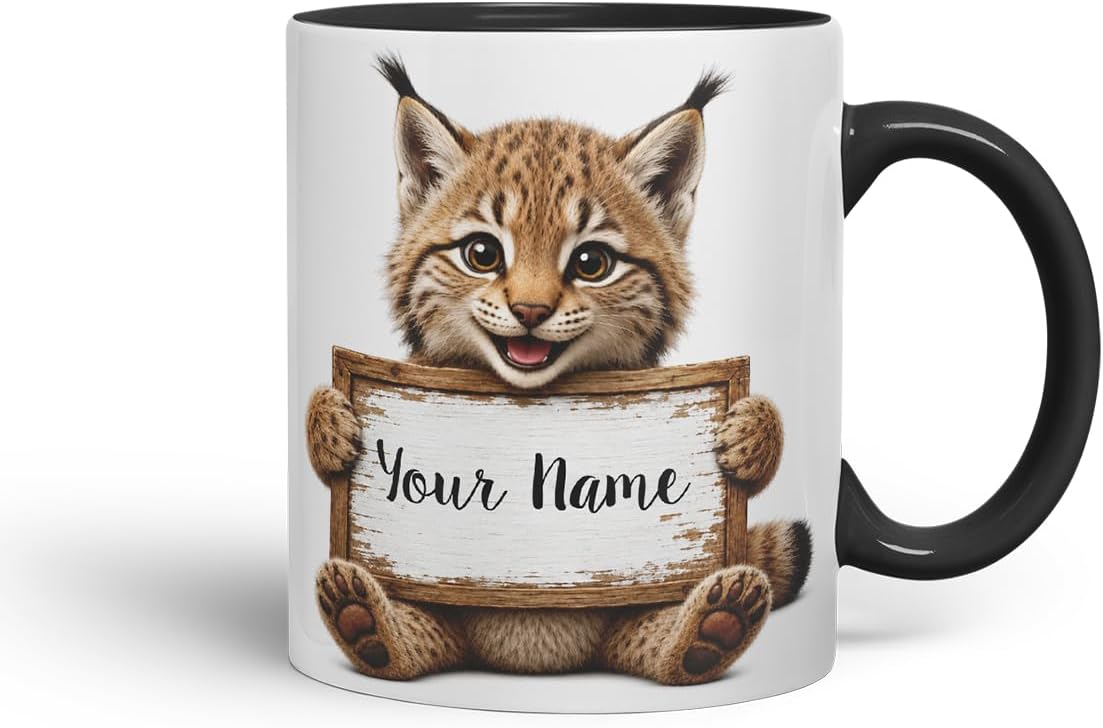 Vixar Personalised Lynx Mug with Name or Custom Message – Cute Animal Coloured Ceramic Mug Cup Gift, 11oz (Black)