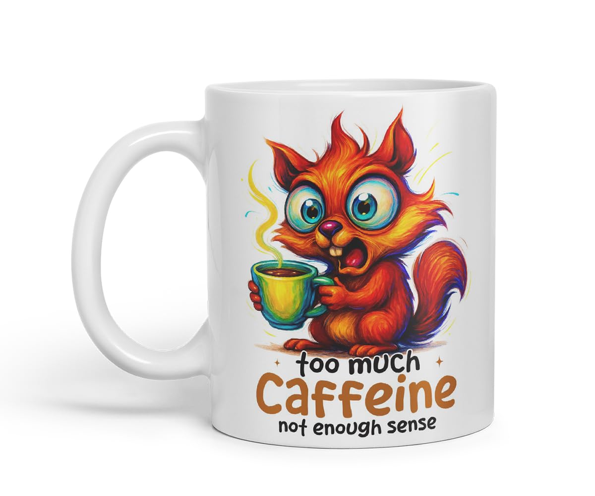 Vixar Too Much Caffeine Not Enough Sense Funny Squirrel Coffee Mug – Coloured Ceramic Mug Cup Gift, 11oz (Black)