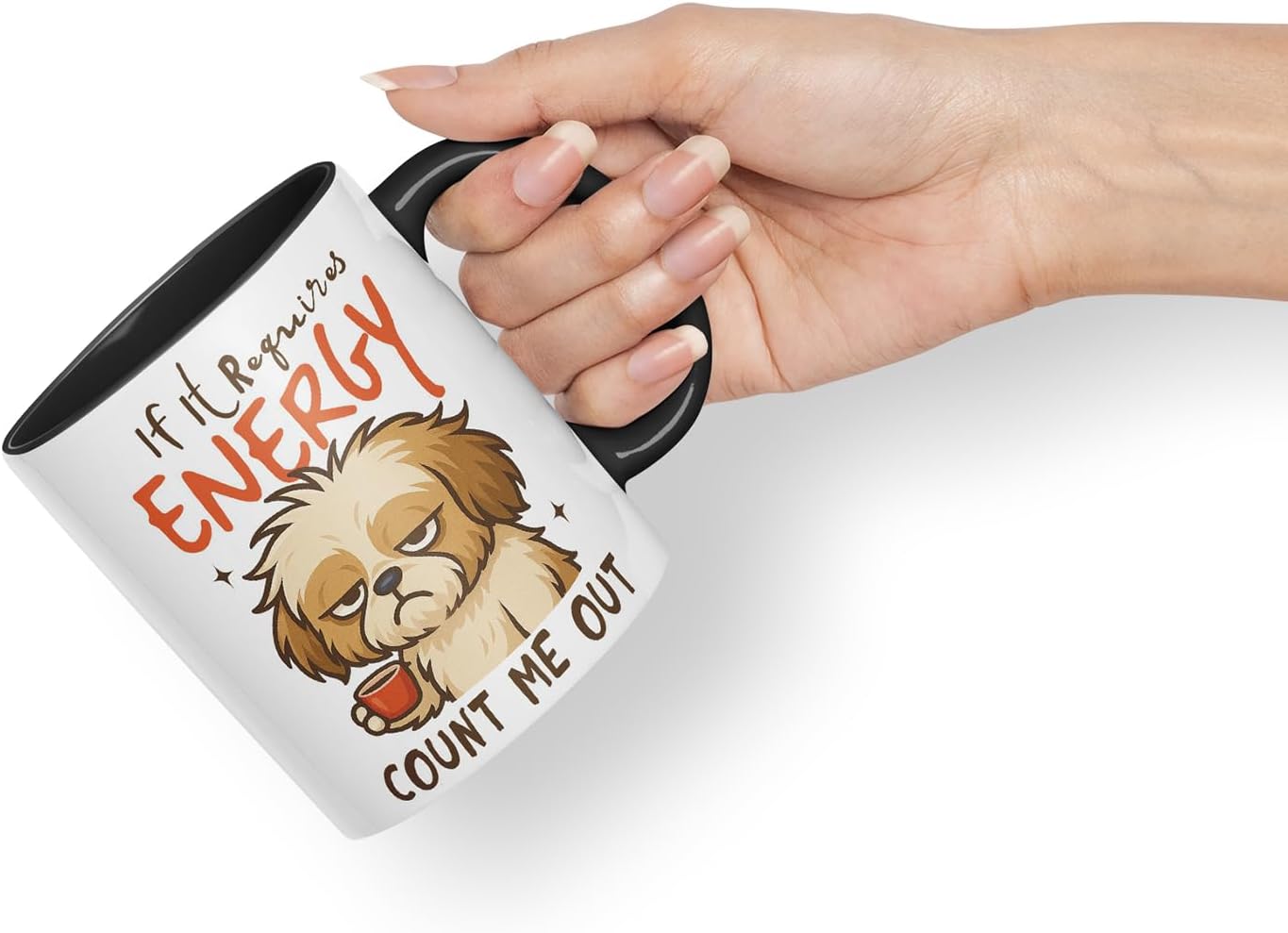 Vixar If It Requires Energy, Count Me Out Funny Dog Mug – Coloured Ceramic Mug Cup Gift, 11oz (Black)