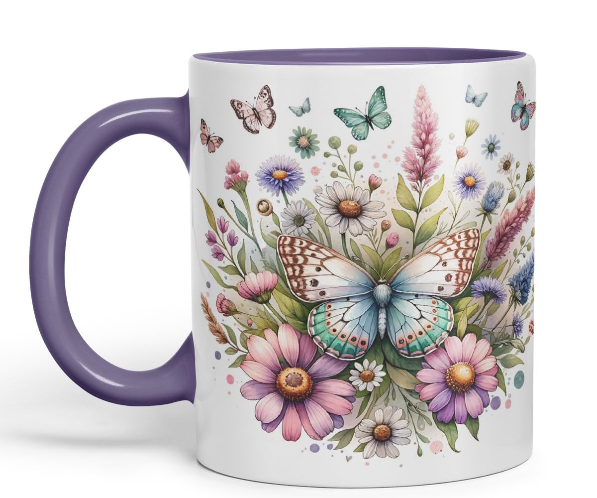 Vixar Butterflies and Wildflowers Coloured Mug Cup Floral Garden Nature Gift 11oz (Black)