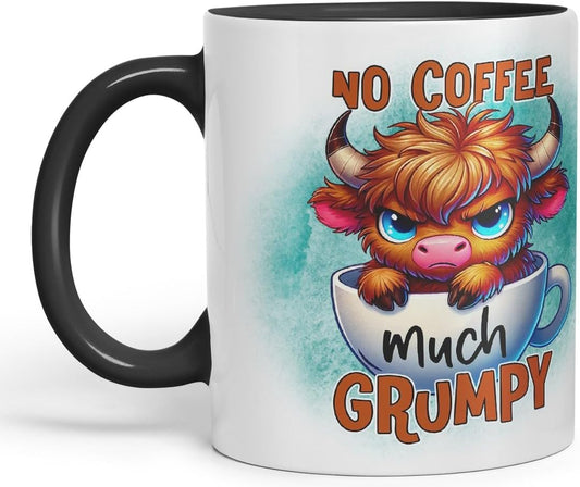 Vixar No Coffee Much Grumpy Highland Cow Coloured Ceramic Mug Cup Gift for Coffee Lovers 11oz (Black)