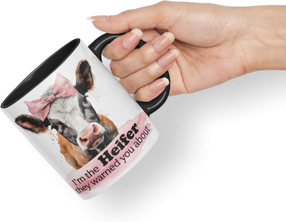 Vixar I’m The Heifer They Warned You About Cow Joke Coloured Ceramic Mug Cup Gift, 11oz (Black)