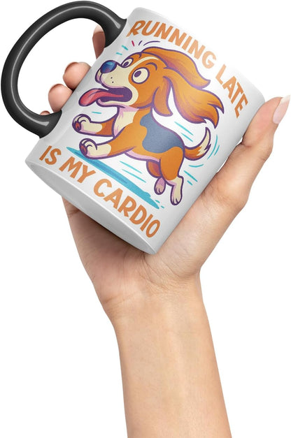 Vixar Running Late is My Cardio Beagle Dog Mug – Coloured Ceramic Mug Cup Gift, 11oz (Black)