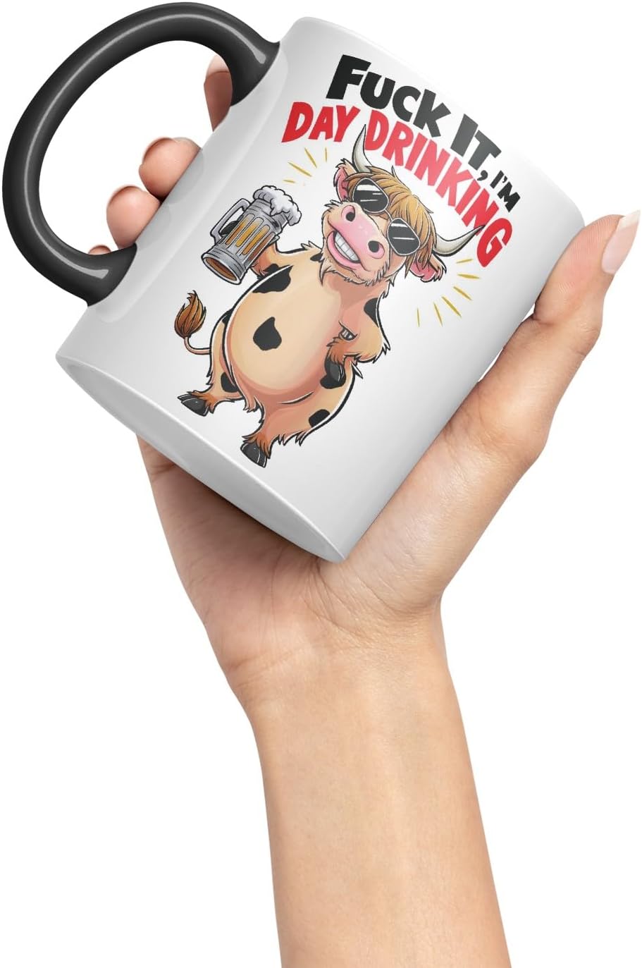 Vixar It I’m Day Drinking (Cow) – Coloured Ceramic Mug Cup Gift, 11oz (Black)