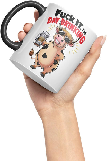 Vixar It I’m Day Drinking (Cow) – Coloured Ceramic Mug Cup Gift, 11oz (Black)