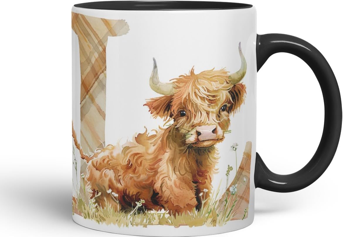 Vixar Highland Cow Alphabet Monogram Coloured Ceramic Cup Mug – Letter L – Rustic Farmhouse Animal Letter Gift – 11oz (Black)
