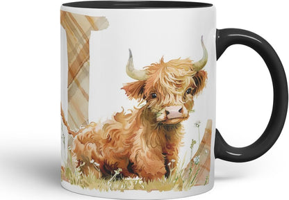 Vixar Highland Cow Alphabet Monogram Coloured Ceramic Cup Mug – Letter L – Rustic Farmhouse Animal Letter Gift – 11oz (Black)