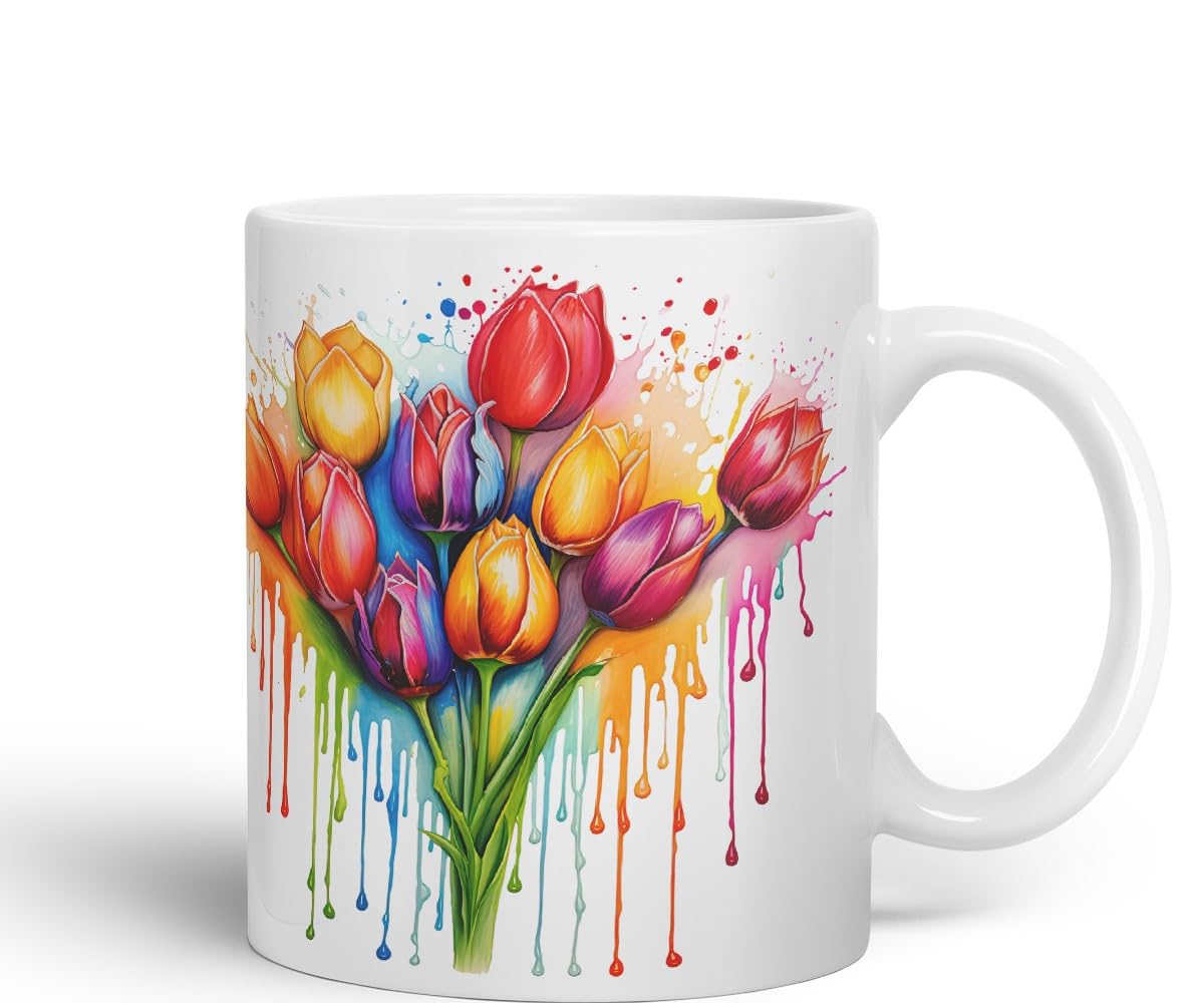Vixar Tulip Spring Garden Mug Coloured Ceramic Mug Cup Gift, 11oz (Light Green)