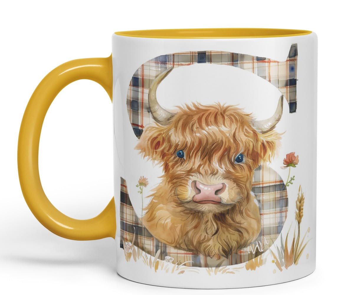Vixar Highland Cow Alphabet Monogram Coloured Ceramic Cup Mug – Letter S – Rustic Farmhouse Animal Letter Gift – 11oz (Black)