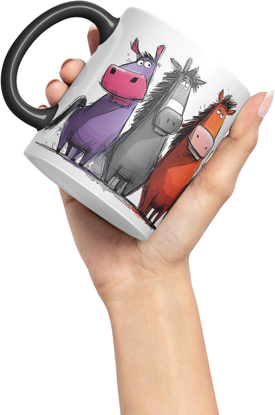 Vixar Funny Colourful Horse Equestrian Friends Design – Cute Animal Character Mug for Farm Animals Lovers & Riders, Coloured Mug Cup Gift, 11oz (Black)