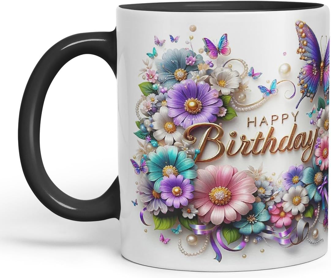 Vixar Happy Birthday Floral Wreath Butterflies Coloured Ceramic Mug Cup Gift 11oz V13 (Black)