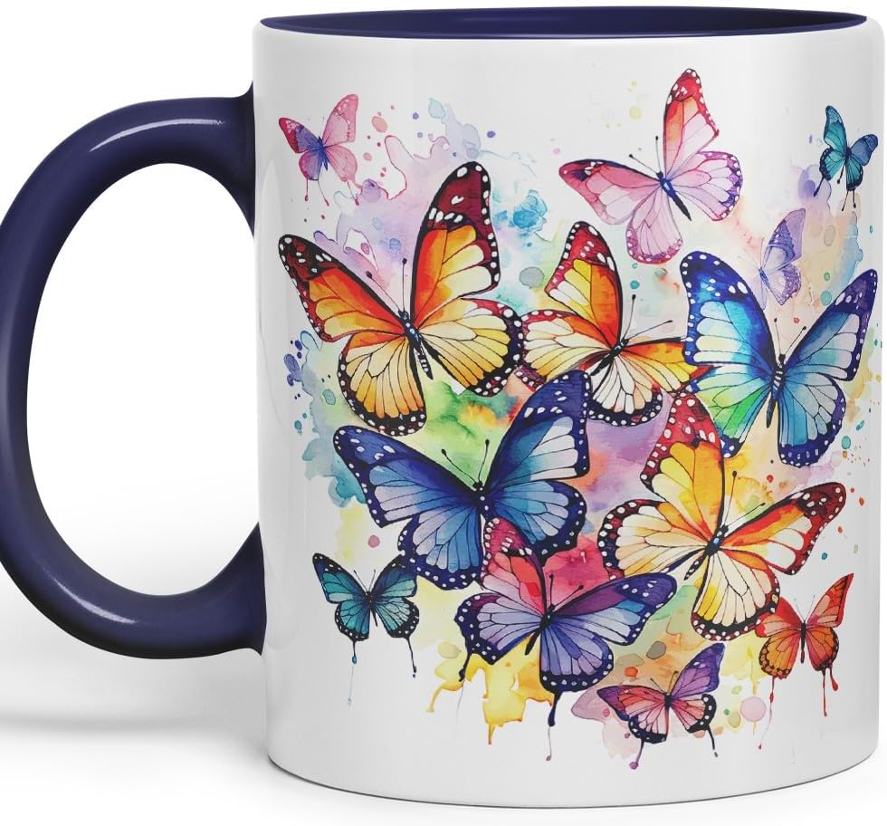 Vixar Ceramic Mug “Rainbow Butterflies” – Coloured Coffee & Tea Mug Cup 11oz 330ml (Navy)