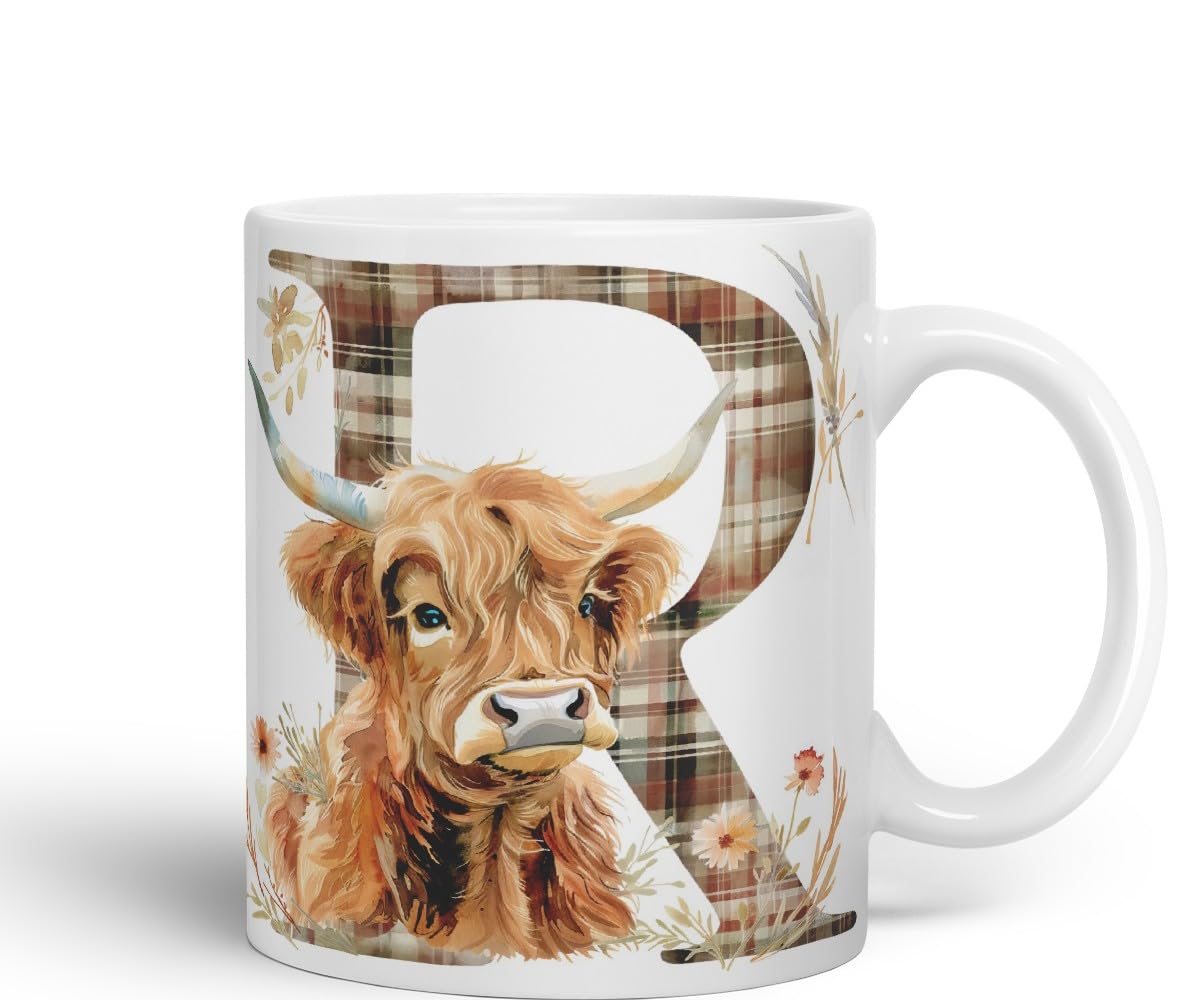 Vixar Highland Cow Alphabet Monogram Coloured Ceramic Cup Mug – Letter R – Rustic Farmhouse Animal Letter Gift – 11oz (Black)