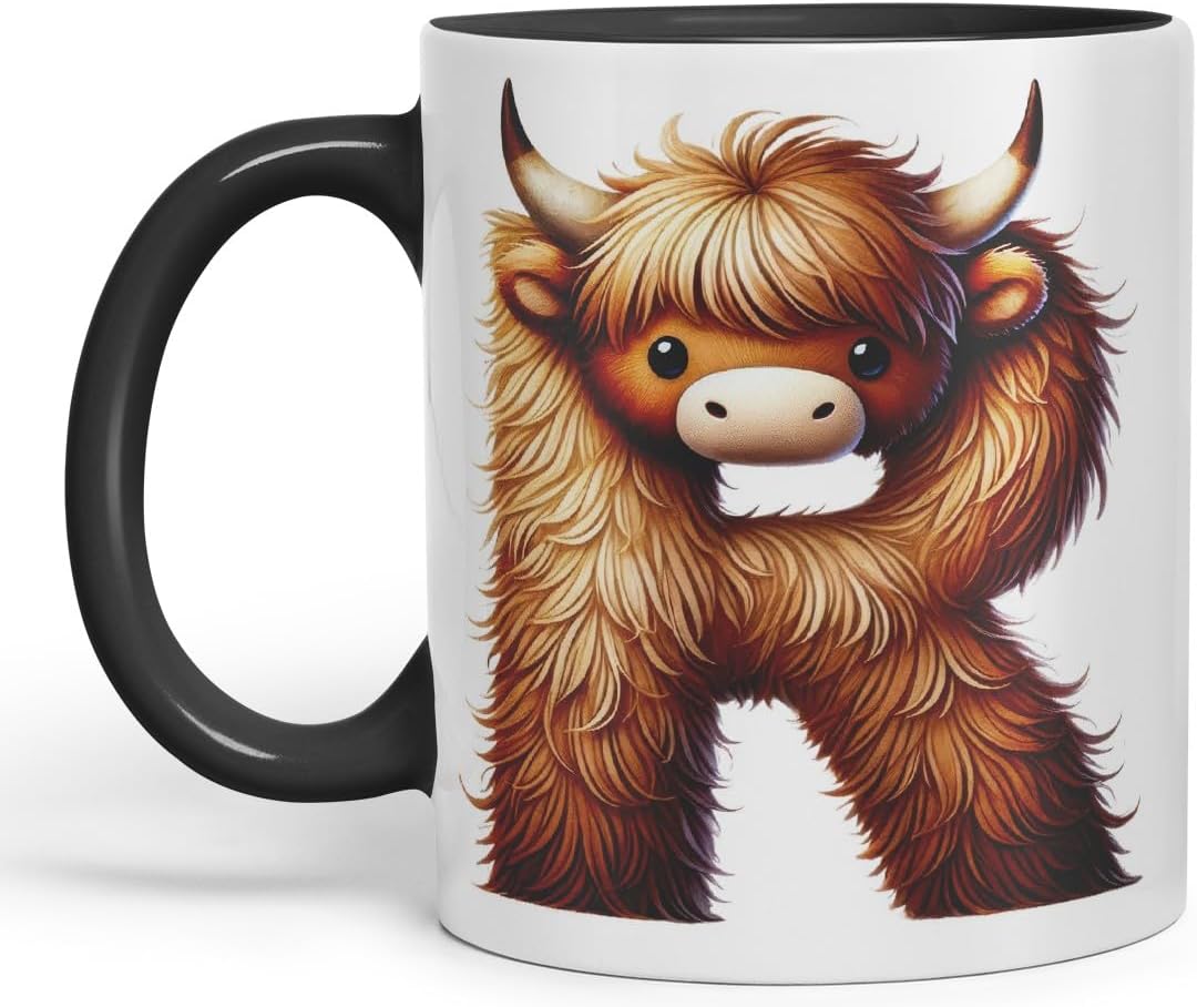 Highland Cow Alphabet Monogram Coloured Ceramic Cup Mug Letter R Rustic Farmhouse Animal Letter Gift V2 11oz (Black)