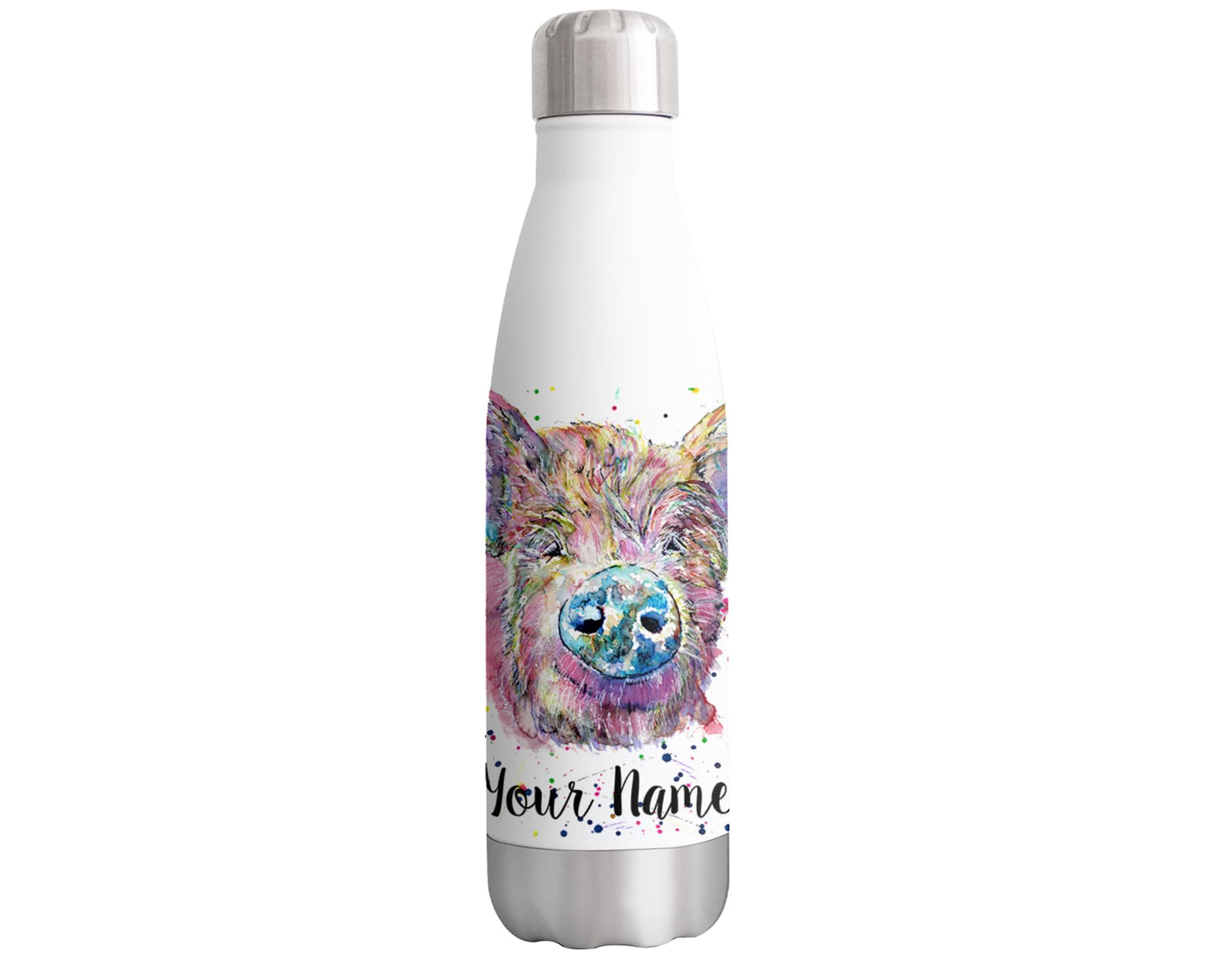 Vixar Pig Personalised Custom Bottle with your Text/name Watercolour Hog Pork Farm animal Bottle double Wall insulated Stainless steel sport Drinks 500ml