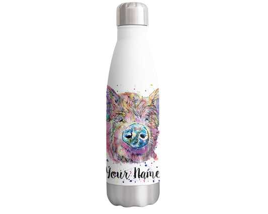 Vixar Pig Personalised Custom Bottle with your Text/name Watercolour Hog Pork Farm animal Bottle double Wall insulated Stainless steel sport Drinks 500ml