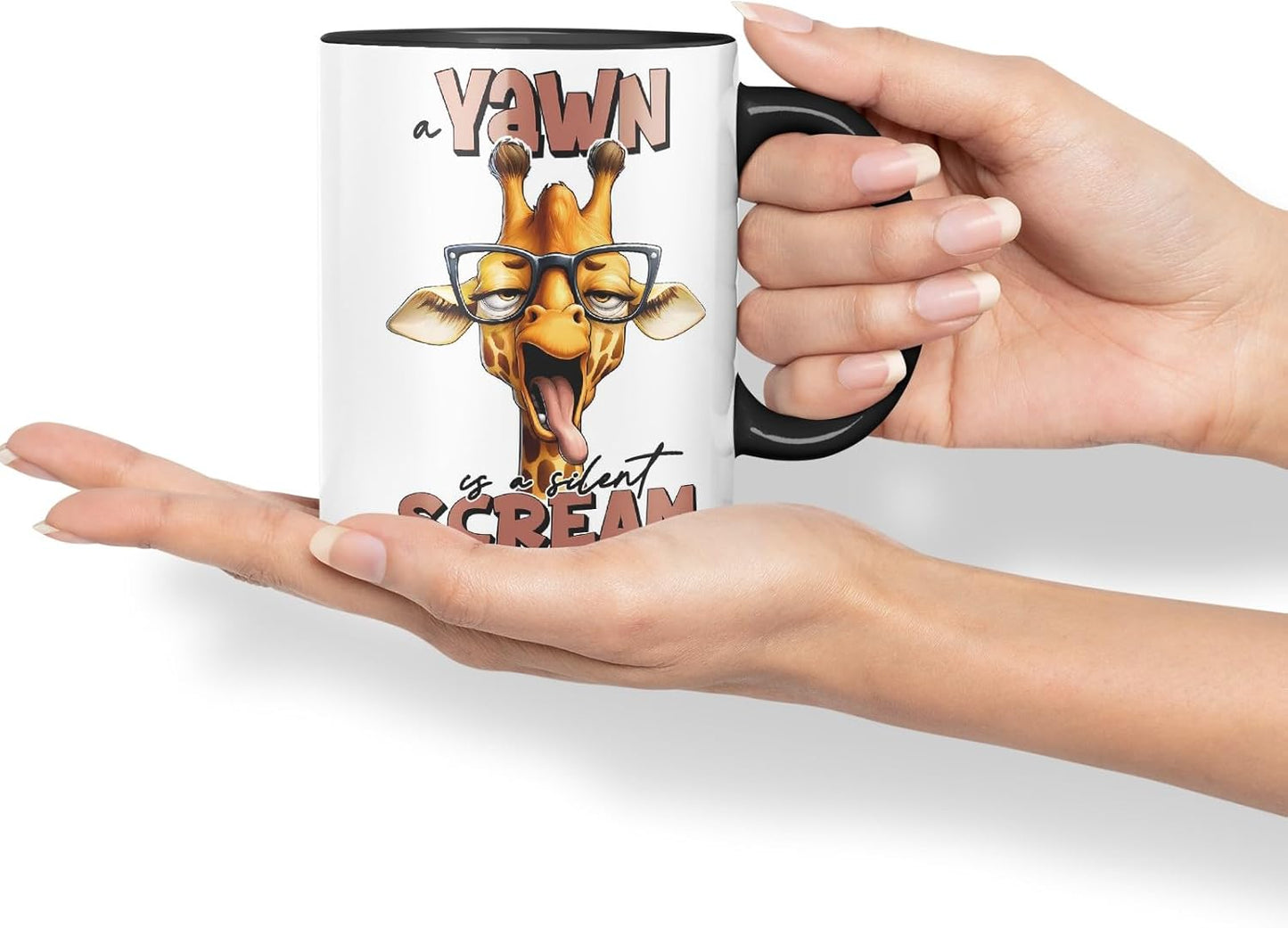 Vixar A Yawn is a Silent Scream for Coffee Giraffe Coloured Ceramic Mug Cup 11oz Funny Sarcastic Gift (Black)