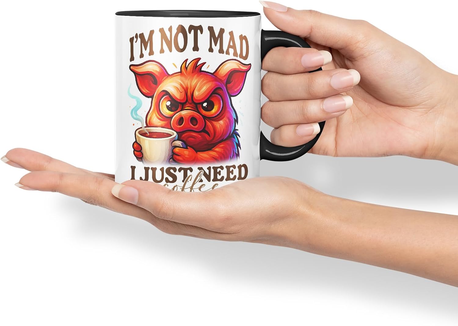 Vixar I'm Not Mad I Just Need Coffee Funny Pig Mug – Coloured Ceramic Mug Cup Gift, 11oz (Black)