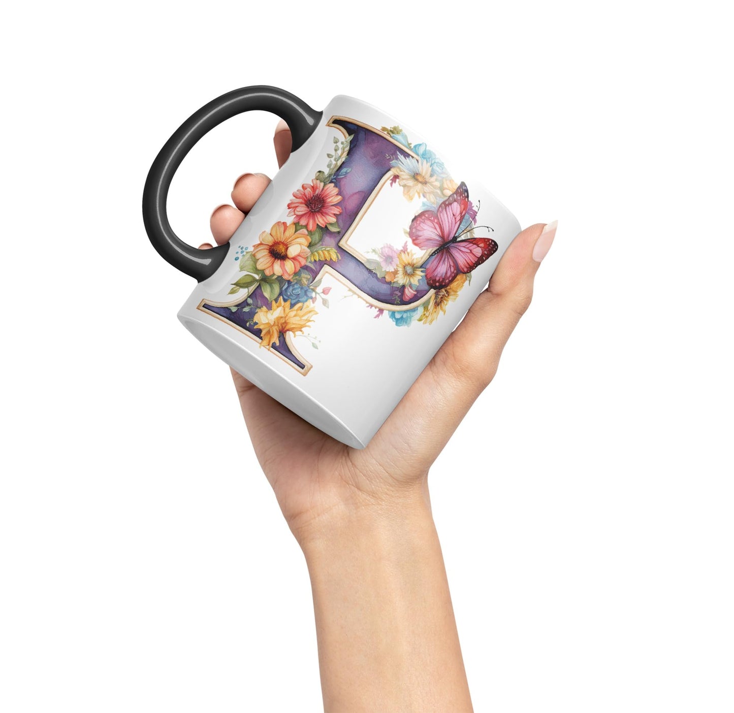 Letter P mug, Floral flowers butterfly Alphabet Letter P Monogram watercolour Ceramic Coloured Mug Cup for Tea Coffee Hot brew 330ml 11Oz